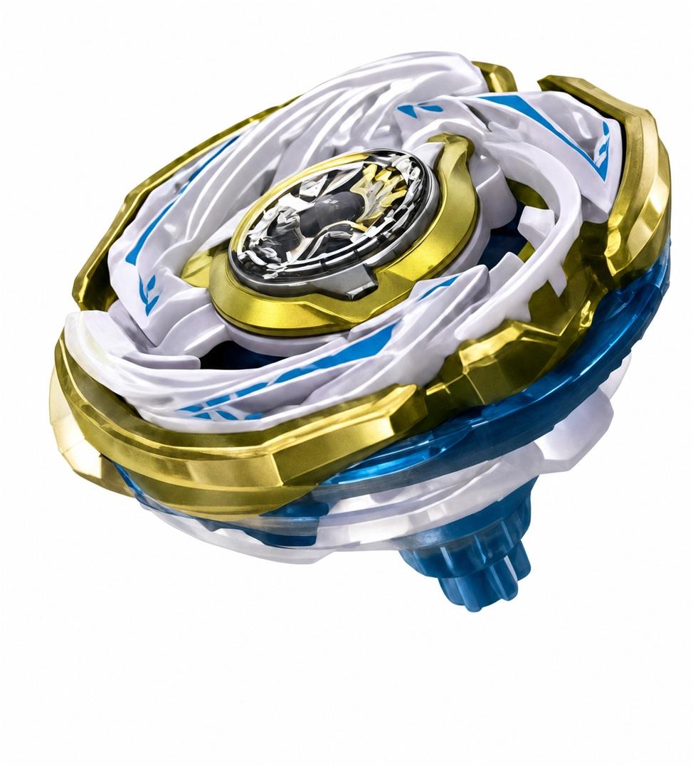 White, gold and blue Beyblade battle top