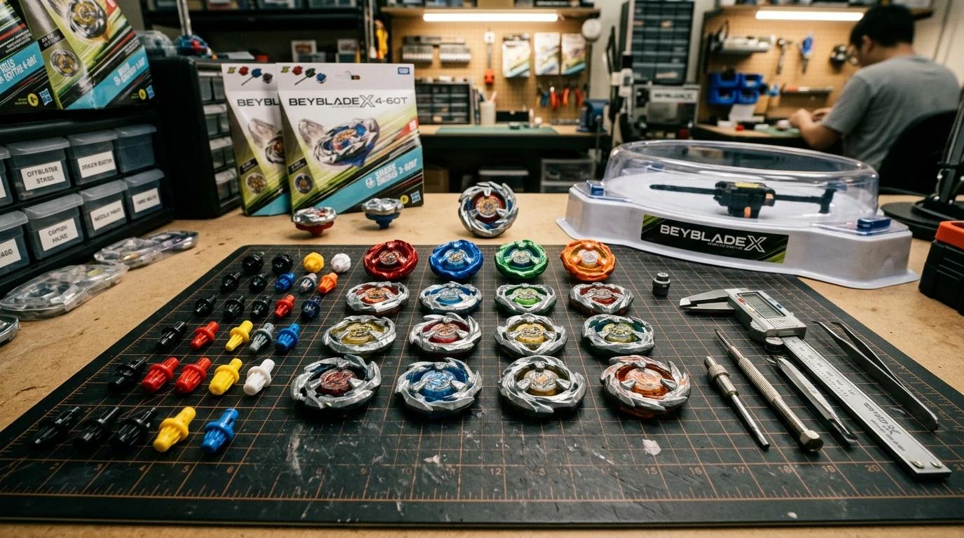 Beyblade X customization workbench with blades, ratchets and bits