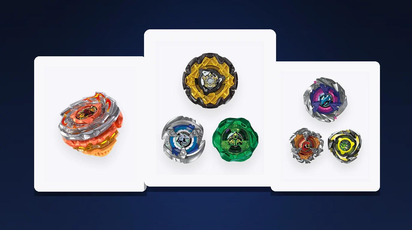 Beyblade X customization workbench with blades, ratchets and bits