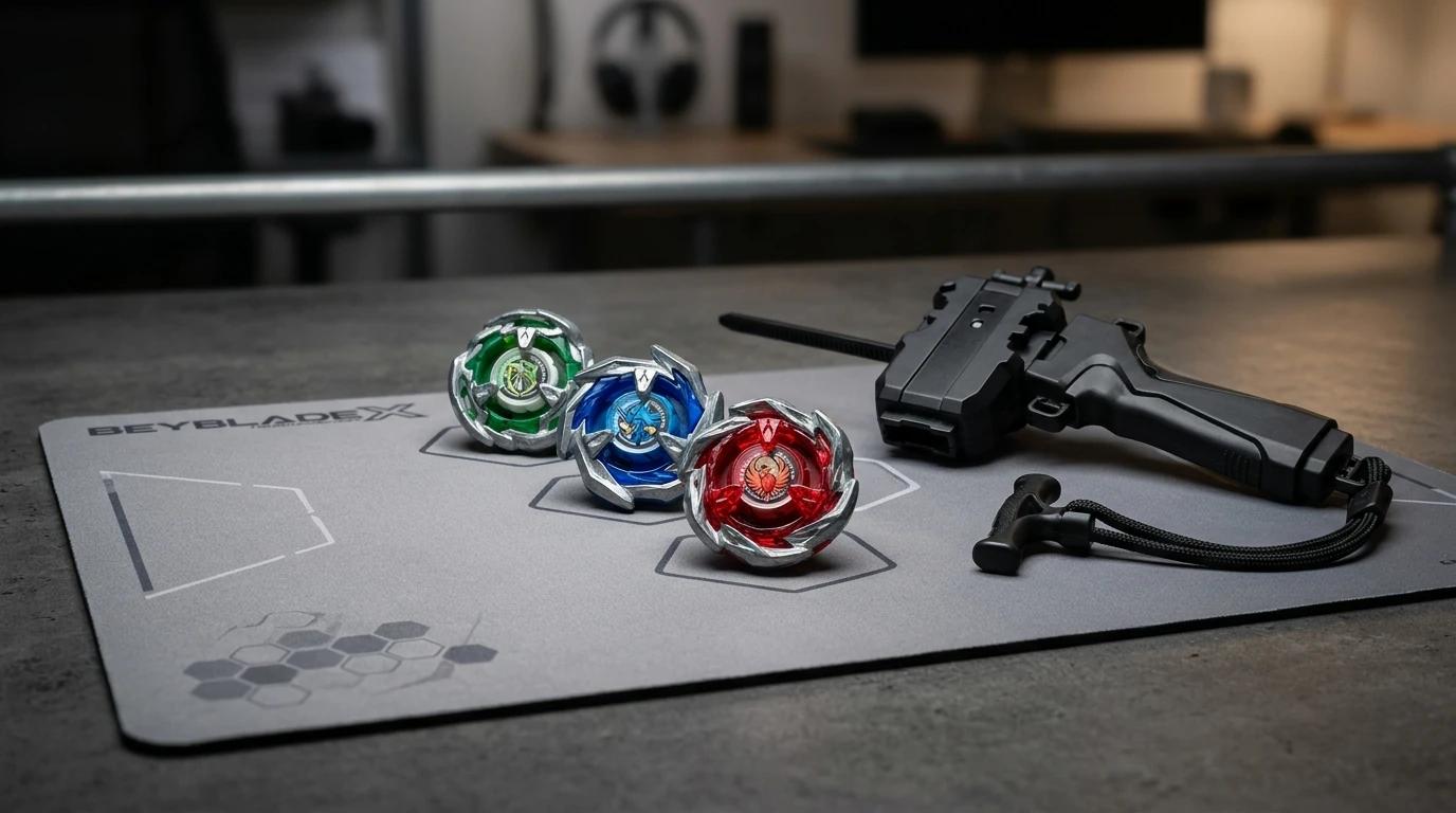 Three battle-ready Beyblade X tops with launchers
