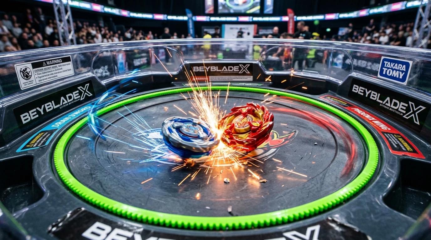 Beyblade X Beystadium battle action with launchers