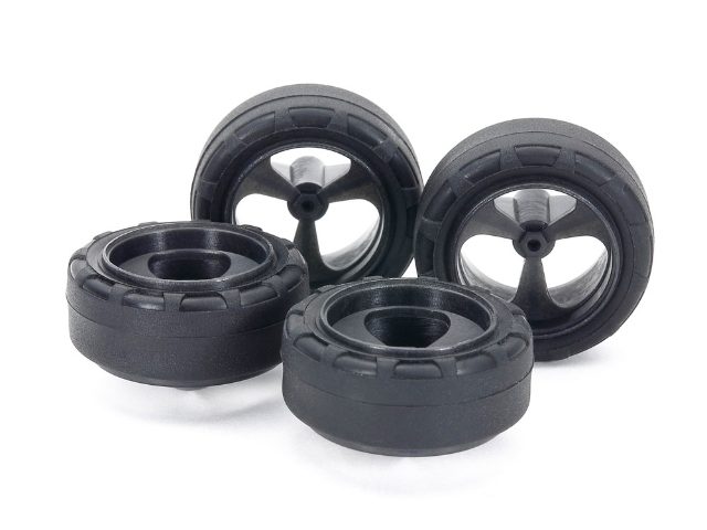 Tamiya Small Dia. Low Friction Narrow Tires (24mm) & Carbon Wheels (3-Spoke)(15541)