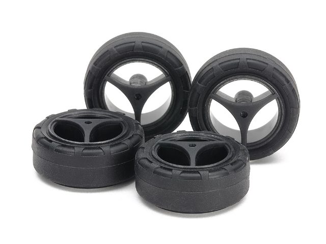 Tamiya Super Hard Small Dia. Narrow Tires (24mm) & Carbon Wheels (3-Spoke, for Super X & XX Chassis)(15543)
