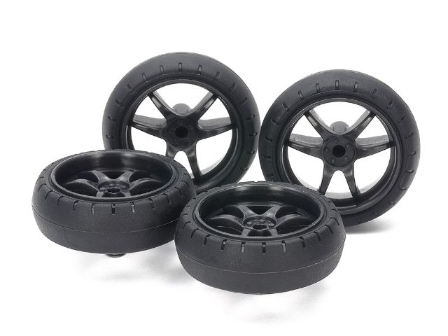 Tamiya Large Dia. Low Friction Arched Tires (31mm) & Carbon Wheels (V Spoke)(15546)