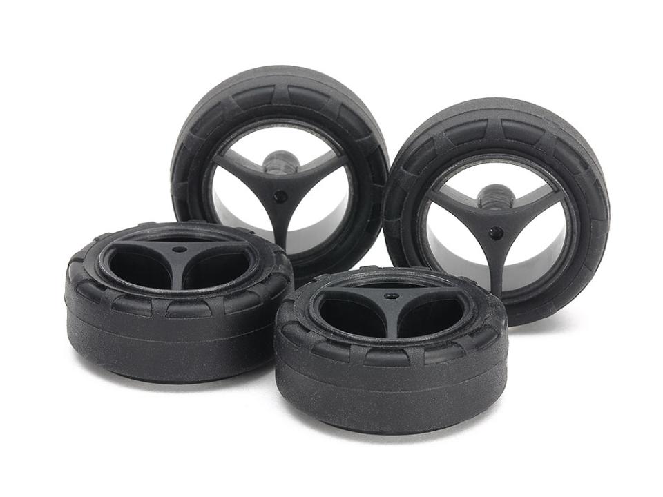 Tamiya Super Hard Small Dia. Narrow Tires (24mm) & Carbon Wheels (3-Spoke, for Super X & XX Chassis)(15543)